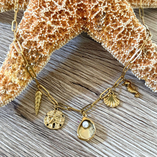 Beach Seashell Stainless Steel - Gold - 20 inch Paper Clip Necklace image 1