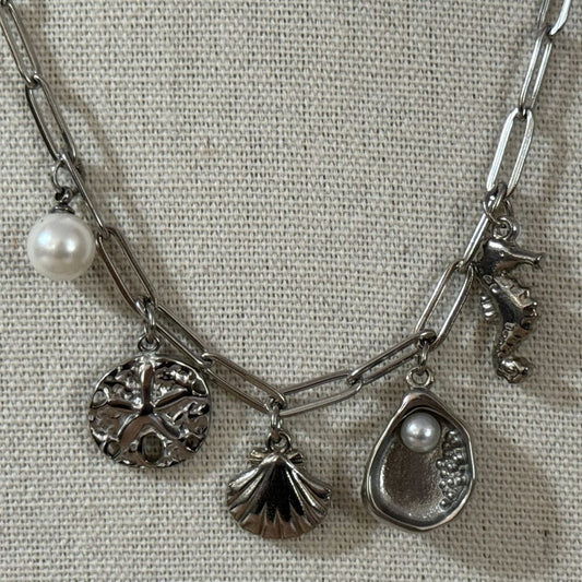 Beach Seashell Stainless Steel - Silver- 18 inch Paper Clip Necklace image 1