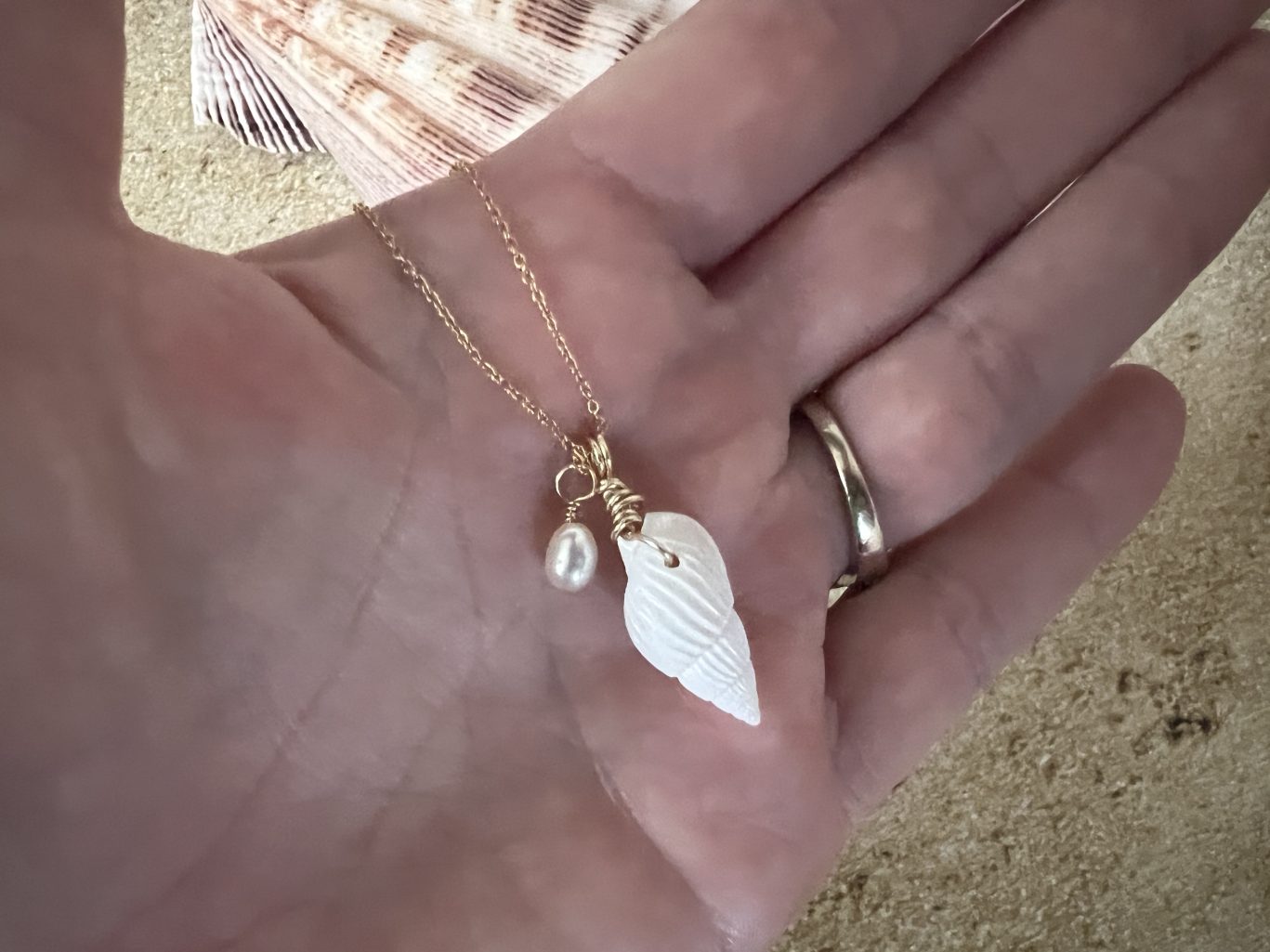 Natural White Seashell Gold Filled Necklace with Pearl image 1