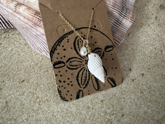 Natural White Seashell Gold Filled Necklace with Pearl image 0