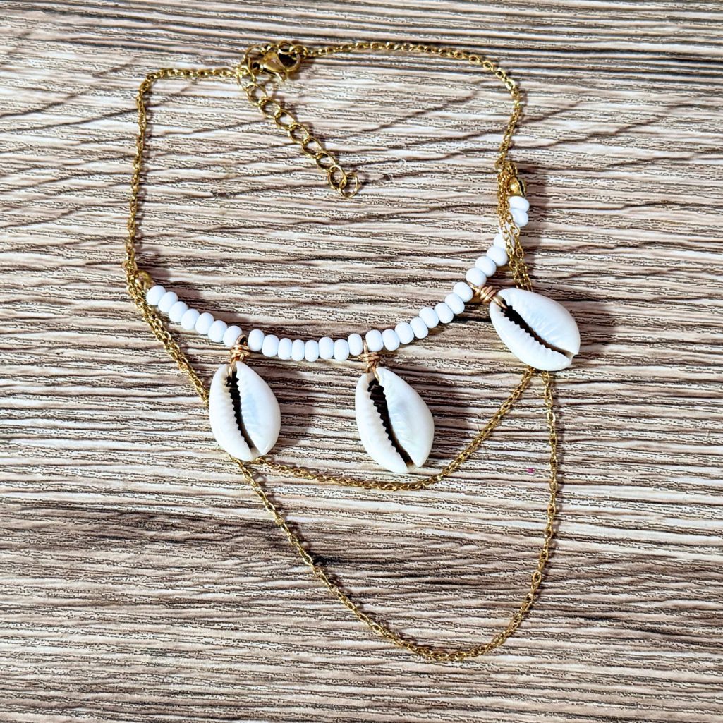 White Beaded Cowrie Seashell Arm Band image 3