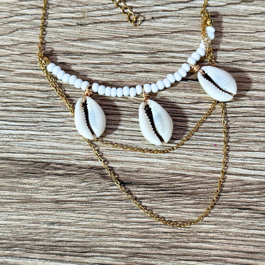 White Beaded Cowrie Seashell Arm Band image 1