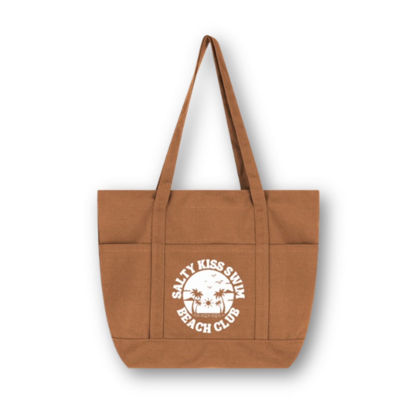 Brown tote bag with 'Salty Kiss Swim Beach Club' logo