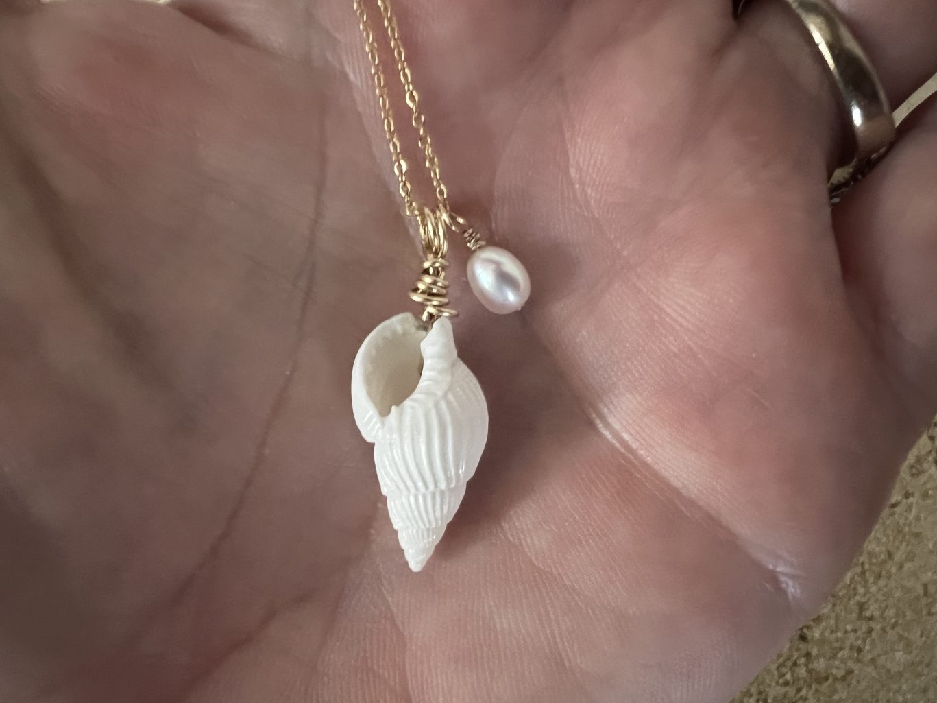 Natural White Seashell Gold Filled Necklace with Pearl image 3
