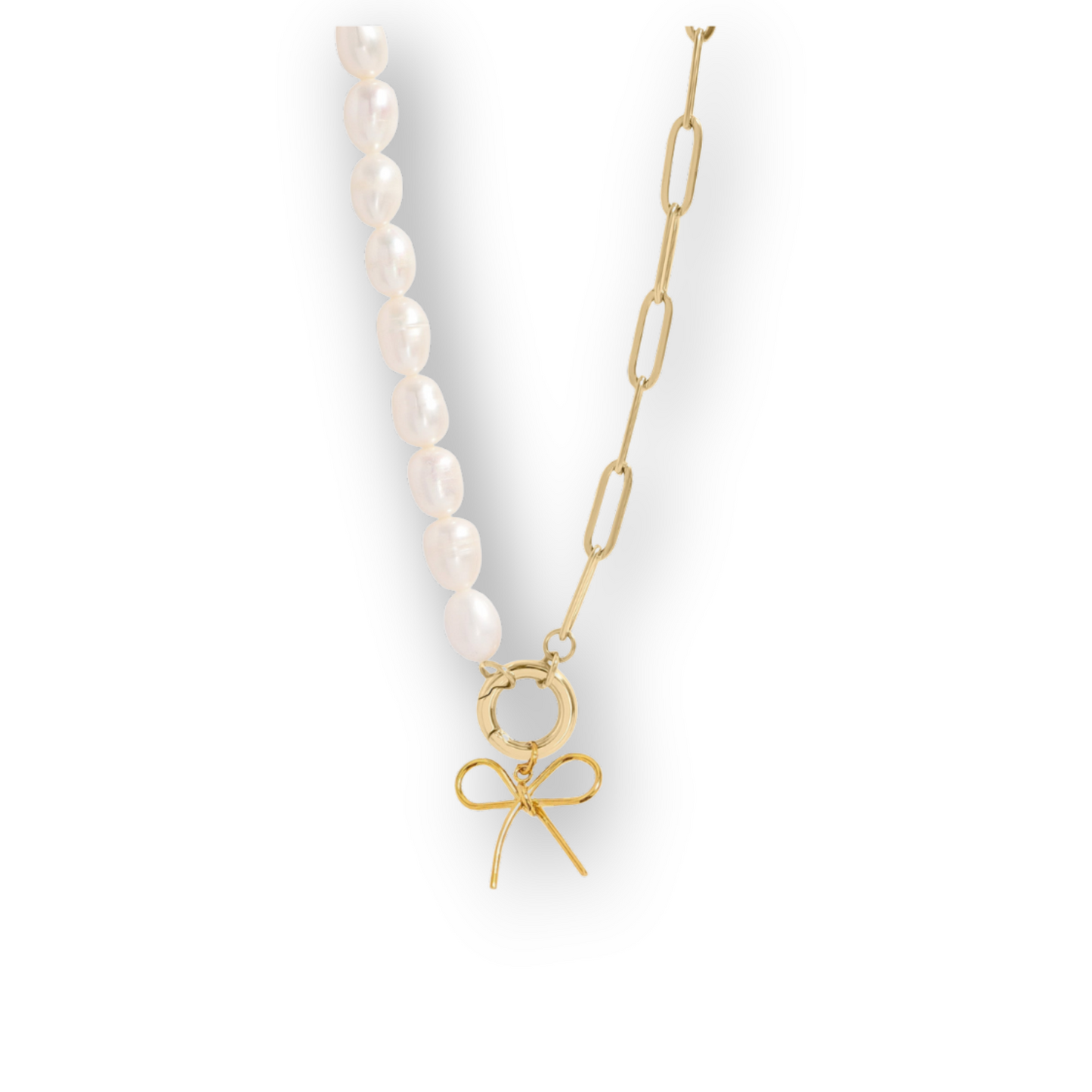 Freshwater Pearl & Stainless Steel Bow Charm Necklace