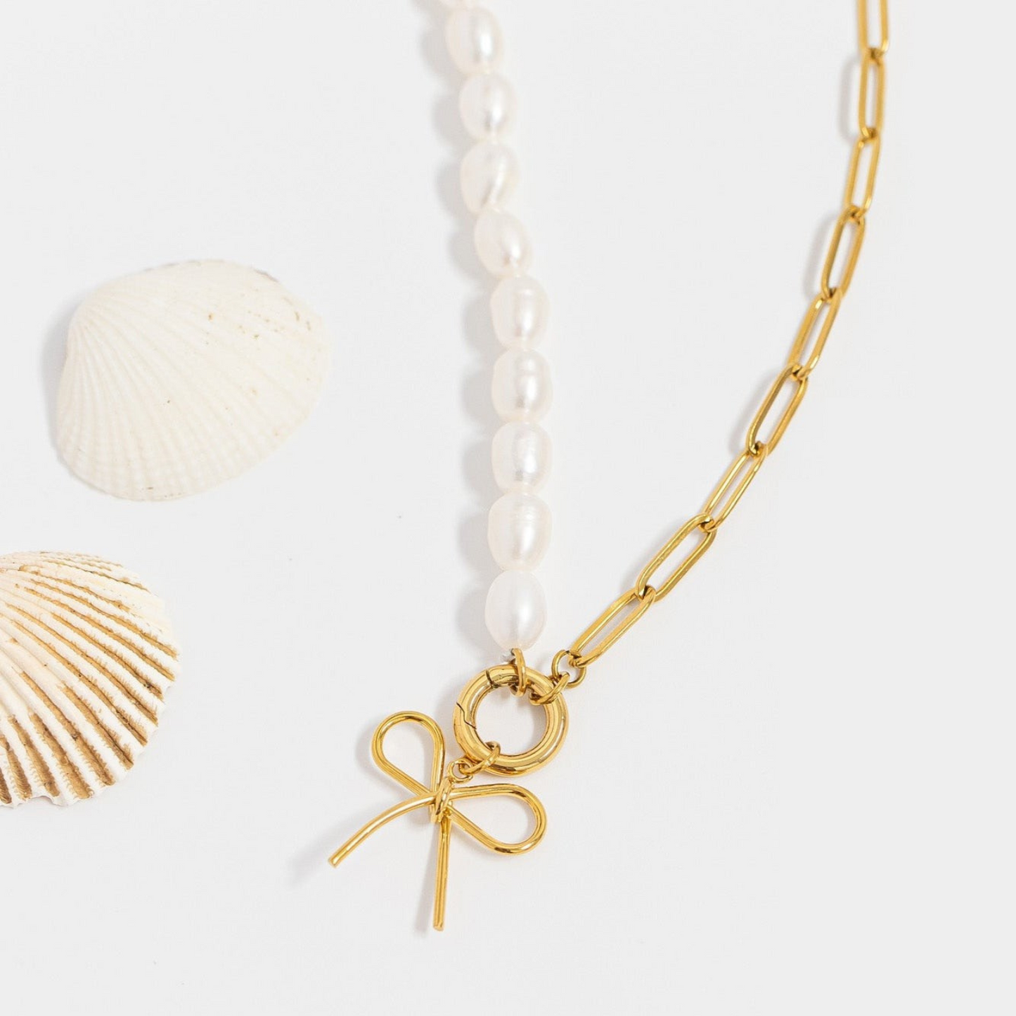 Freshwater Pearl & Stainless Steel Bow Charm Necklace