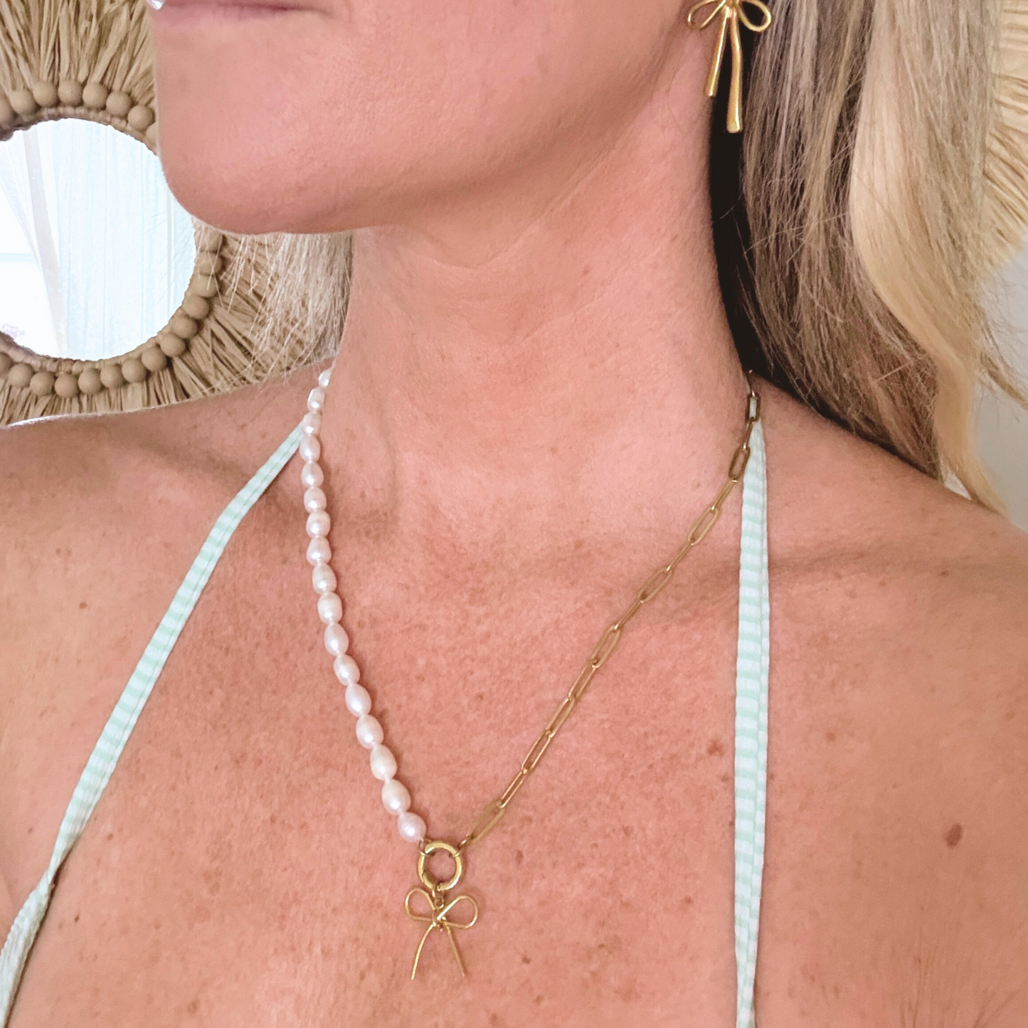 Freshwater Pearl & Stainless Steel Bow Charm Necklace