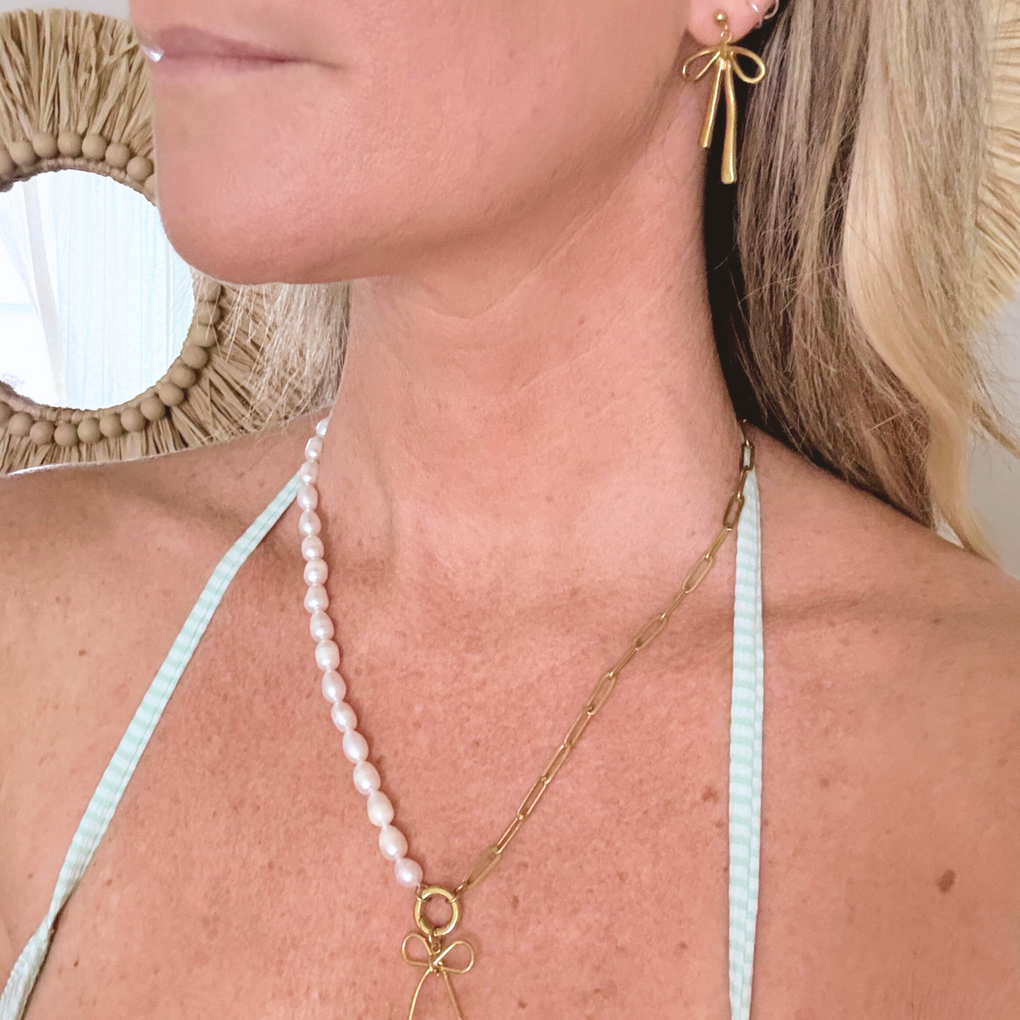Freshwater Pearl & Stainless Steel Bow Charm Necklace