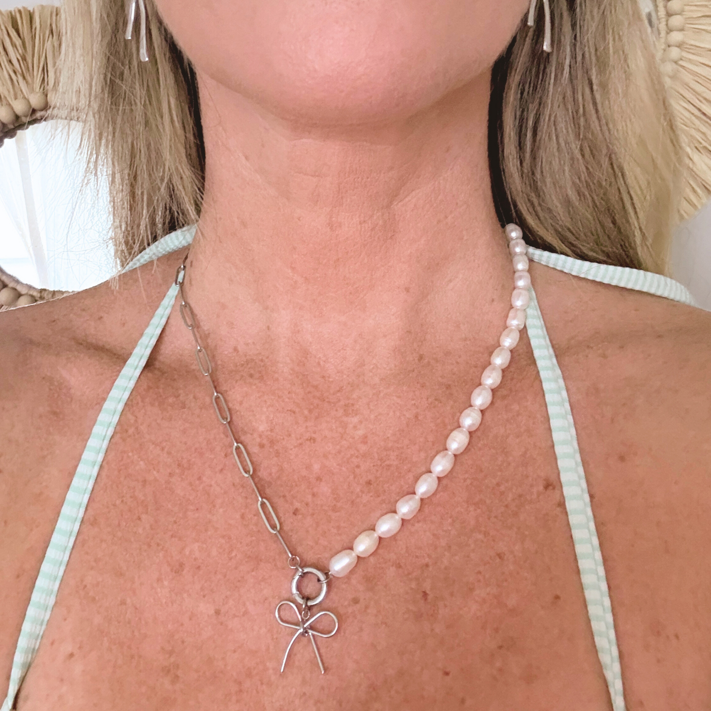 Freshwater Pearl & Stainless Steel Bow Charm Necklace