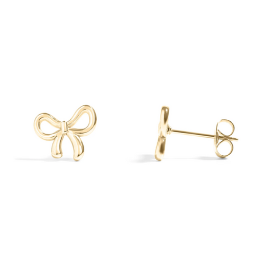 Gold bow-shaped earrings on a white background