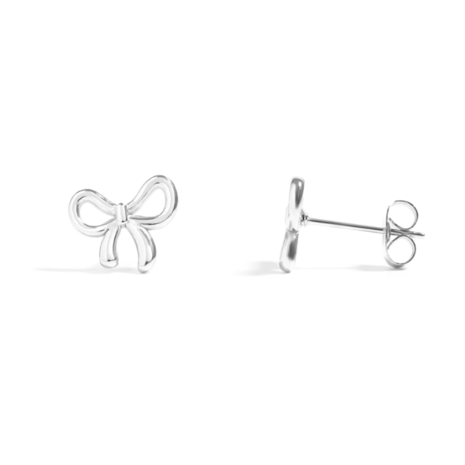 Silver bow-shaped earrings on a white background
