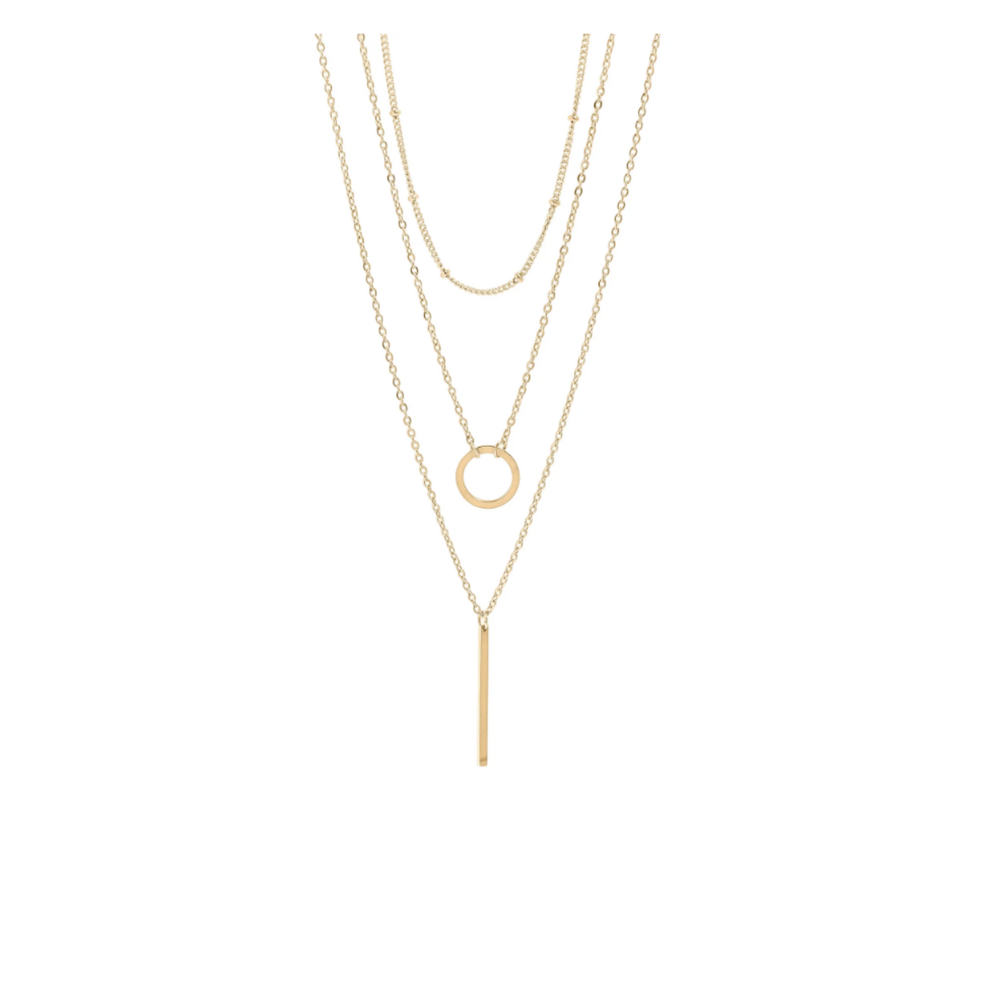 3 Row Layered Chain and Bar Necklace - Gold - Stainless Steel