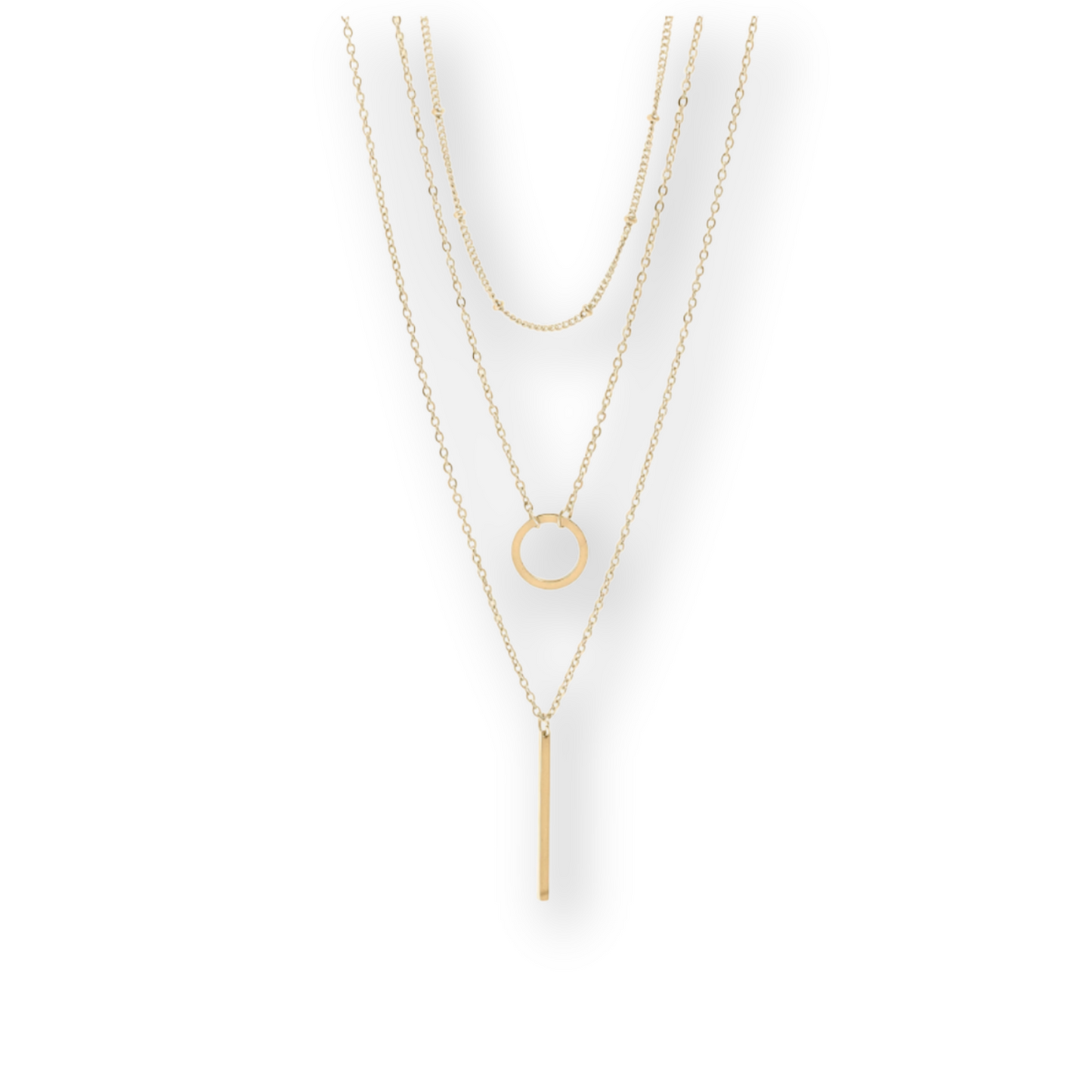 3 Row Layered Chain and Bar Necklace - Gold - Stainless Steel
