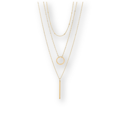 3 Row Layered Chain and Bar Necklace - Gold - Stainless Steel