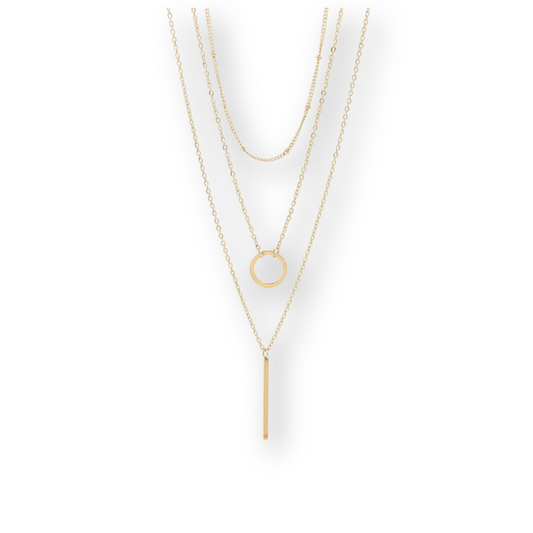 3 Row Layered Chain and Bar Necklace - Gold - Stainless Steel