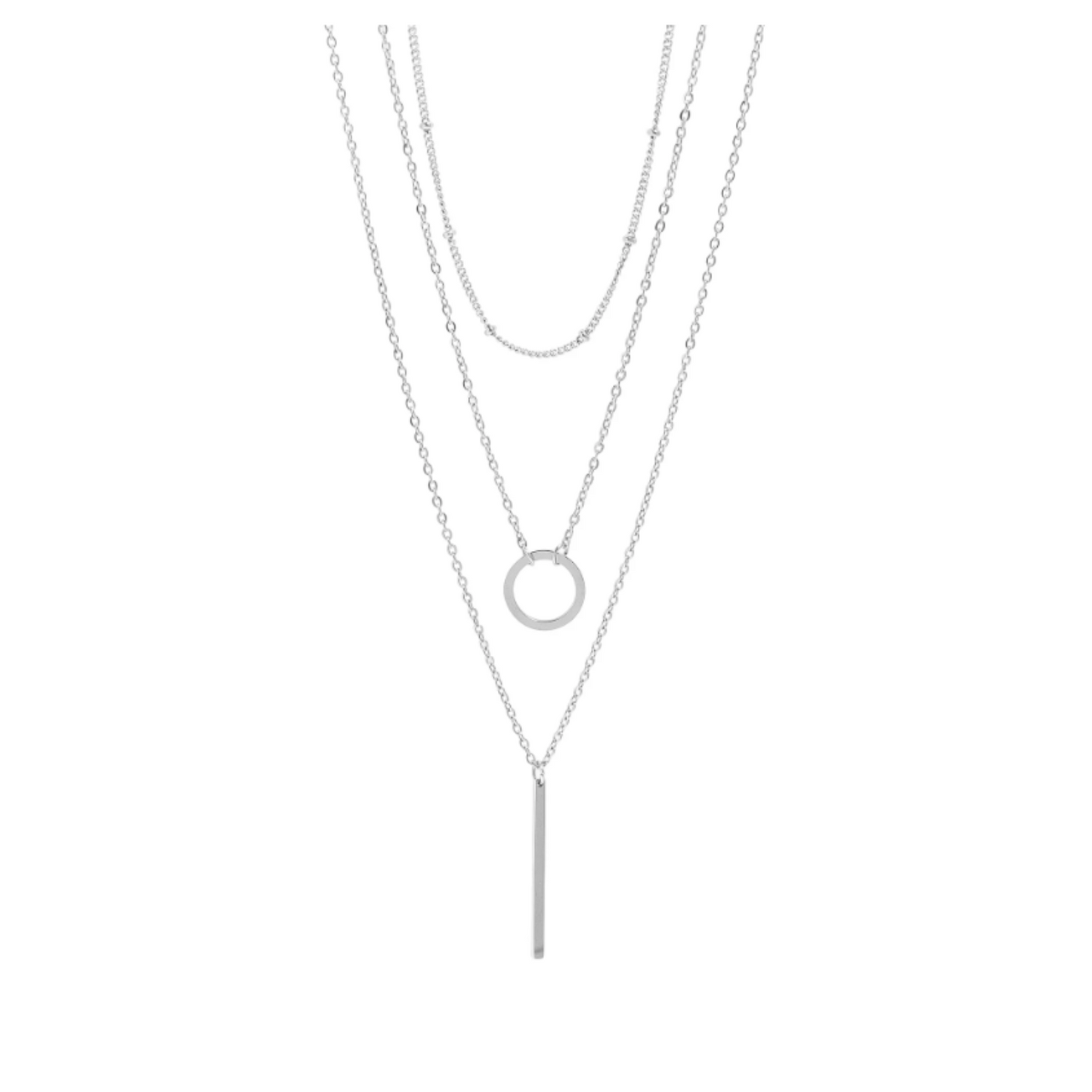 3 Row Layered Chain and Bar Necklace - Silver - Stainless Steel
