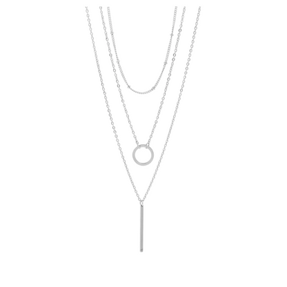3 Row Layered Chain and Bar Necklace - Silver - Stainless Steel