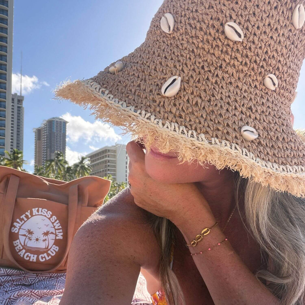 Cowrie Puka Seashell Frayed Straw Women's Hat