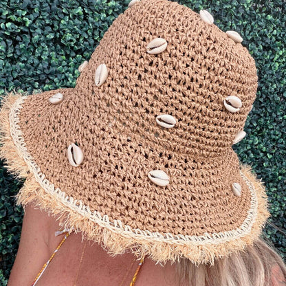 Cowrie Puka Seashell Frayed Straw Women's Hat