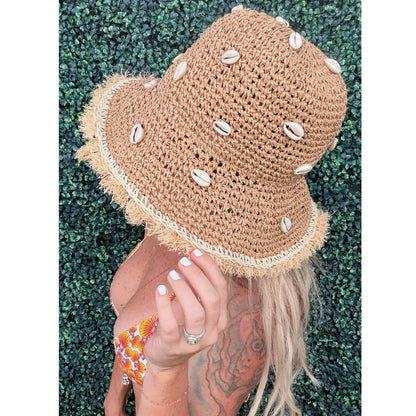 Cowrie Puka Seashell Frayed Straw Women's Hat