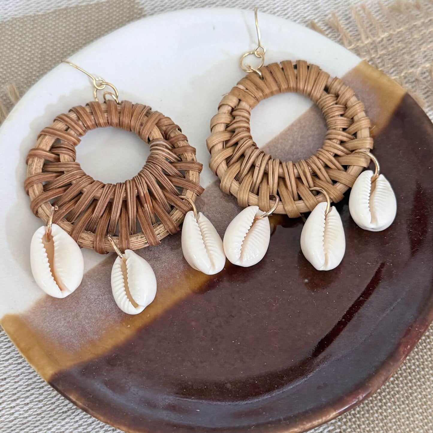 Cowrie- Rattan Round Earrings