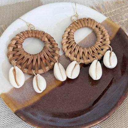 Cowrie- Rattan Round Earrings