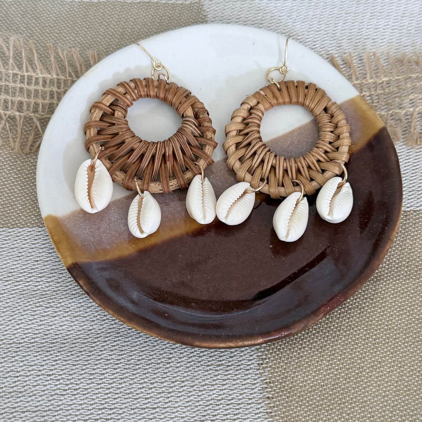 Cowrie- Rattan Round Earrings
