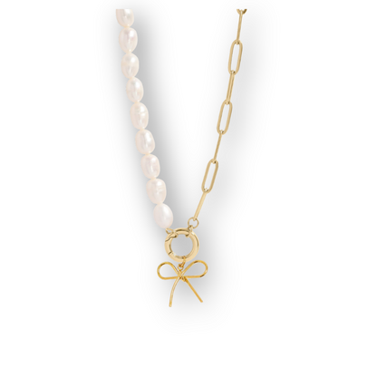 Freshwater Pearl & Stainless Steel Bow Charm Necklace