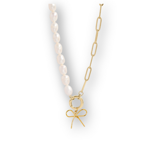 Freshwater Pearl & Stainless Steel Bow Charm Necklace