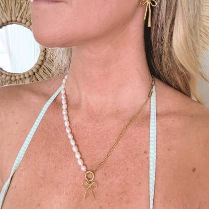 Freshwater Pearl & Stainless Steel Bow Charm Necklace
