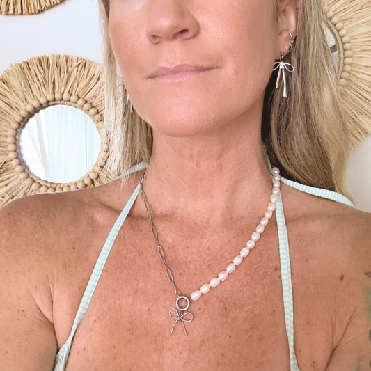 Freshwater Pearl & Stainless Steel Bow Charm Necklace