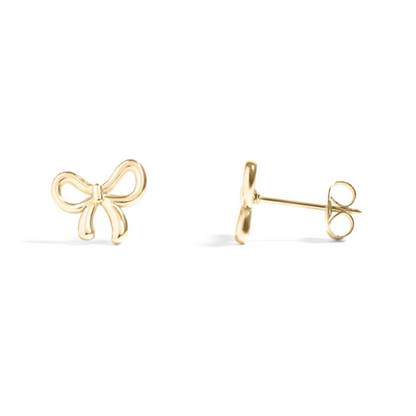 Gold bow-shaped earrings on a white background