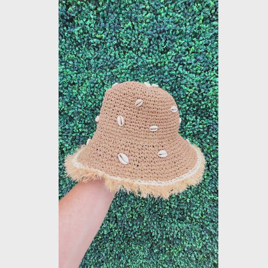 Cowrie Puka Seashell Frayed Straw Women's Hat