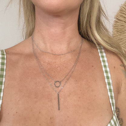 3 Row Layered Chain and Bar Necklace - Silver - Stainless Steel