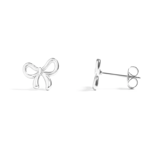 Silver bow-shaped earrings on a white background