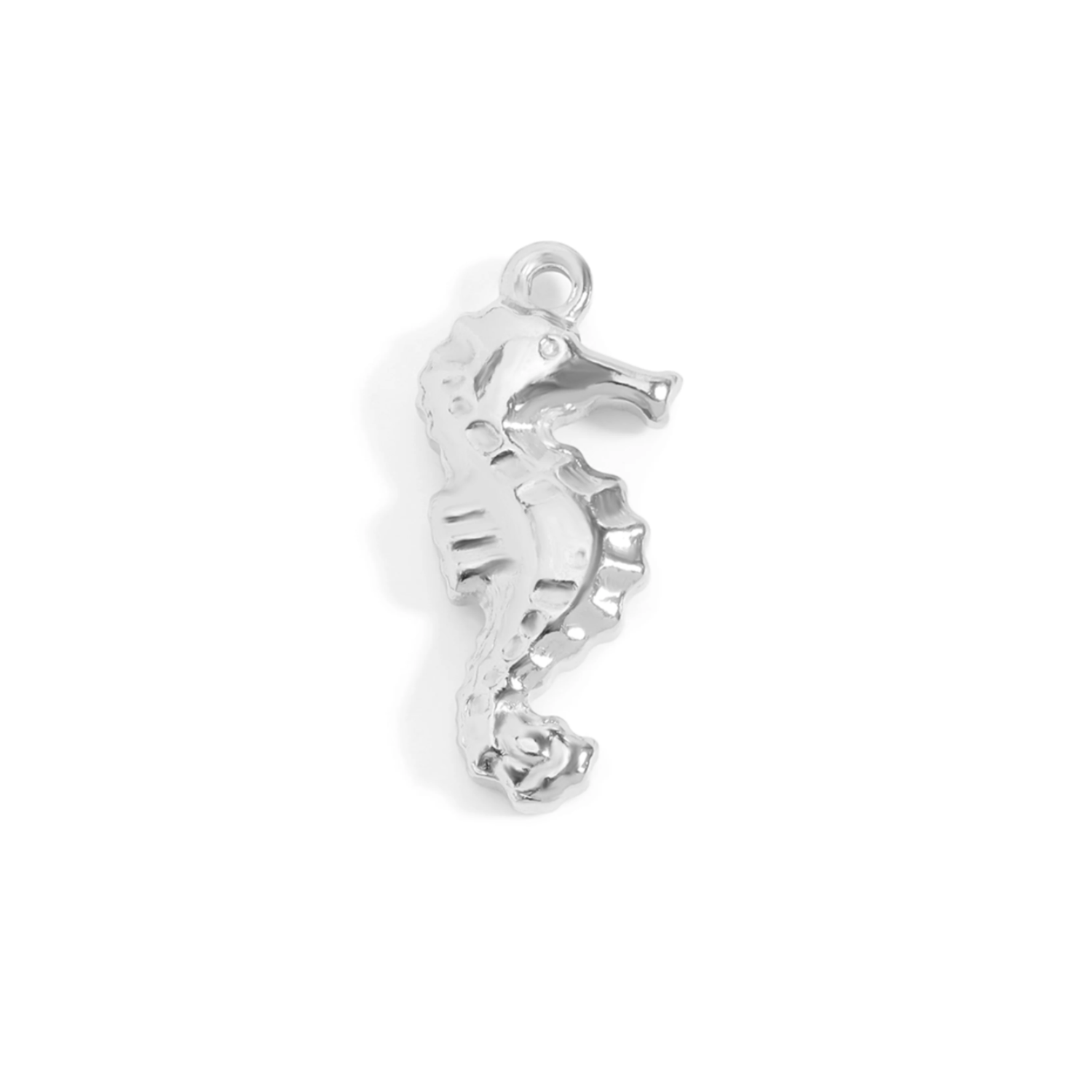 Silver seahorse pendant on a white background